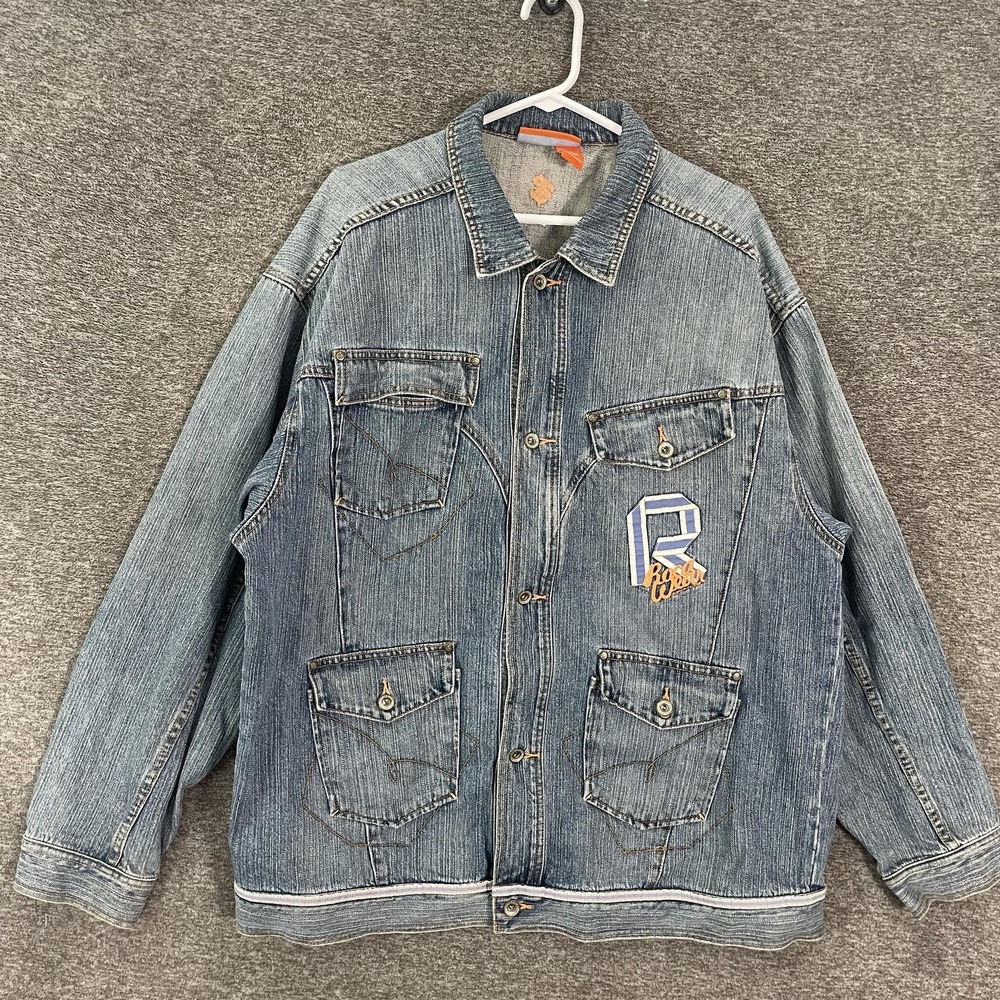 Rocawear Jacket Mens Large Blue Denim Bomber Button Front Logo Hip Hop Y2K